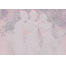 Reprezentare abstractă a trei figuri feminine într-un cerc