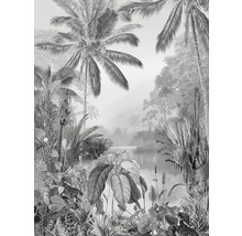 Ilustrație a unui peisaj tropical cu palmieri și vegetație luxuriantă