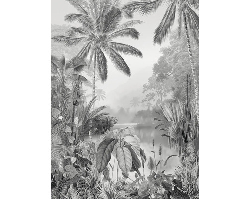 Ilustrație a unui peisaj tropical cu palmieri și vegetație luxuriantă