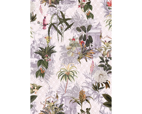 Tapet cu model floral, plante tropicale și motive cu păsări