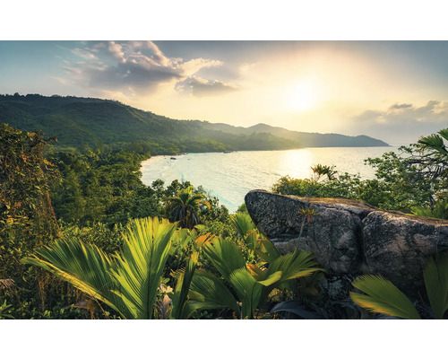 Peisaj tropical cu vedere la mare, vegetație luxuriantă și stânci