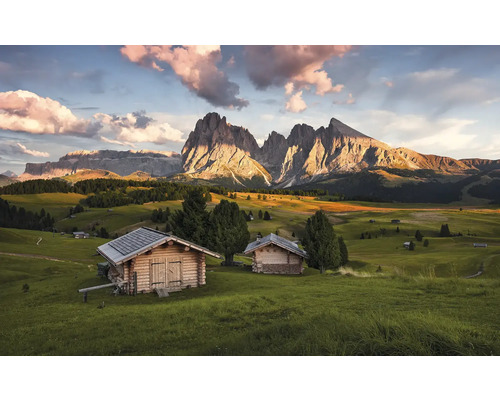Peisaj cu cabane de lemn și munți
