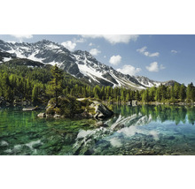 Lac de munte cu copaci și munți acoperiți de zăpadă în fundal