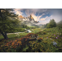 Peisaj montan cu râu, pajiști și copaci