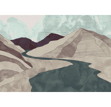 Ilustrație a unui peisaj montan cu un râu