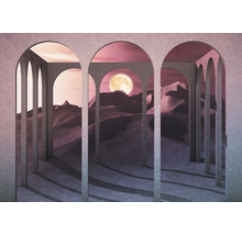 Ilustrație cu peisaj deșertic, lună și arcade cu coloane