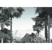 Tapet cu palmieri și peisaj montan