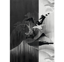 Grafică cu munți, cocori și elemente stilizate