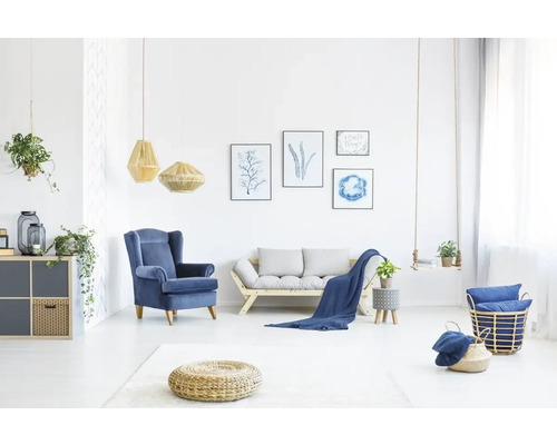 Cameră de zi cu fotoliu, canapea, taburet, plante și decorațiuni pentru o atmosferă confortabilă