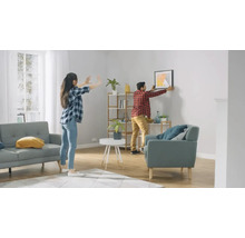 Living luminos cu un cuplu care atârnă o imagine pe perete, rafturi, canapele și plante de apartament