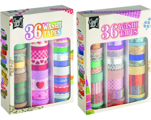 Două pachete cu câte 36 de role de bandă washi decorativă într-o cutie