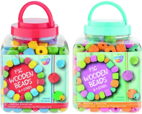 Două recipiente cu mărgele de lemn Moxy și patru șnururi