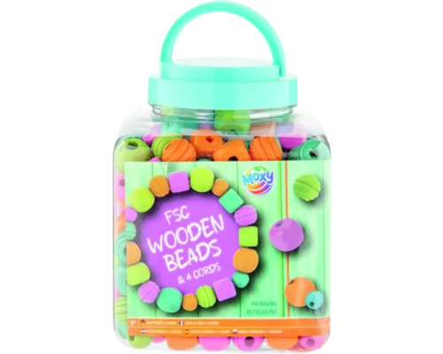 Set creativ mărgele în găletușă 400 g, albastru Set de mărgele din lemn în cutie cu mâner și logo Moxy