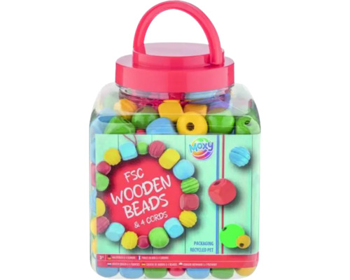 Set creativ mărgele în găletușă 400 g, roșu Moxy Mărgele din lemn cu șnururi în recipient de depozitare