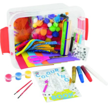 Set de creație cu diverse materiale, cum ar fi hârtie, vopsele, pompoane și pene, într-o cutie de depozitare