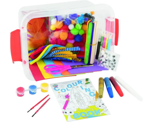 Set de creație cu diverse materiale, cum ar fi hârtie, vopsele, pompoane și pene, într-o cutie de depozitare