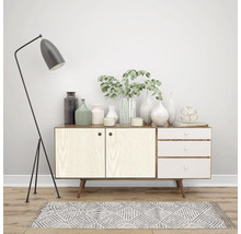 Cameră de zi cu comodă, decorațiuni, lampadar și covor