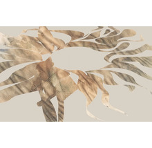 Grafică decorativă cu frunze și linii pe fundal deschis.