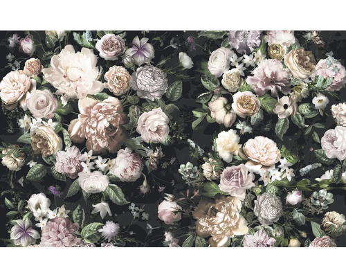 Tapetă florală cu trandafiri și bujori pe fundal întunecat