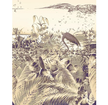 Ilustrație cu un flamingo într-o scenă tropicală cu flori și frunze