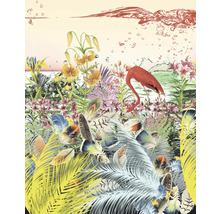 Pictură murală decorativă cu motive florale, pene și flamingo