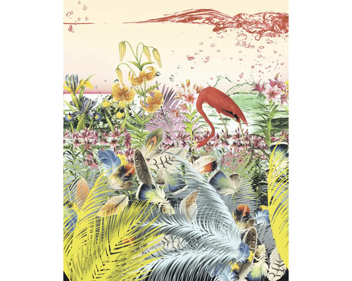 Pictură murală decorativă cu motive florale, pene și flamingo