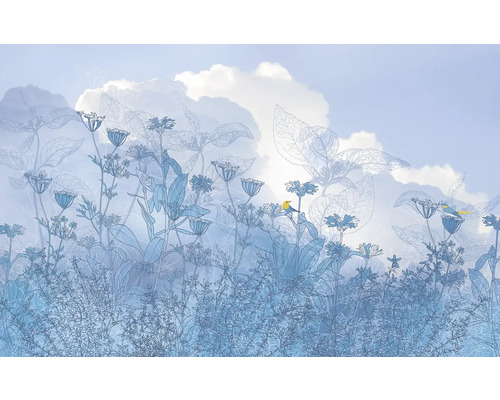 Tapet cu model floral și motive de păsări pe un fundal de cer cu nori