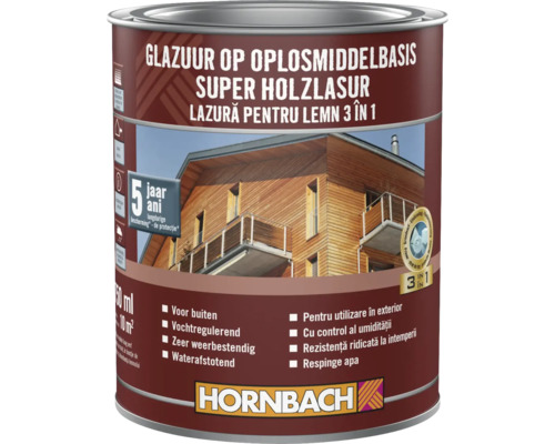Lazură pentru lemn pe bază de solvenți în găleată metalică cu logo-ul Hornbach
