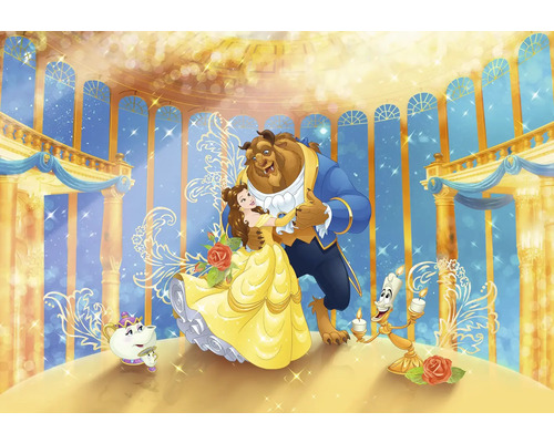 Ilustrație cu Frumoasa și Bestia dansând în sala de bal