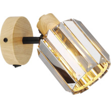 Lampa de perete din lemn și metal cu abajur din sticlă de cristal