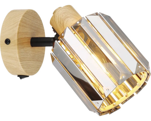 Lampa de perete din lemn și metal cu abajur din sticlă de cristal