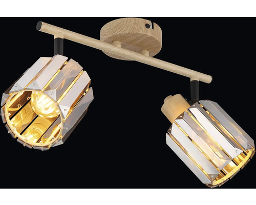 Lumină de plafon cu două spoturi din lemn și sticlă de cristal