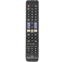 Telecomandă TV neagră cu diferite butoane pentru a controla televizorul.