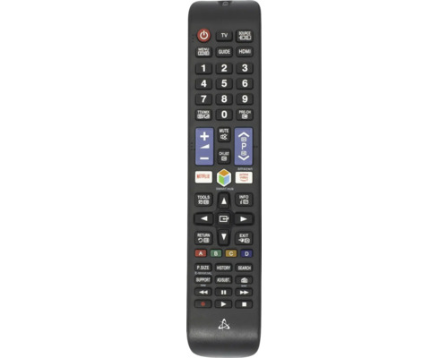 Telecomandă TV neagră cu diferite butoane pentru a controla televizorul.