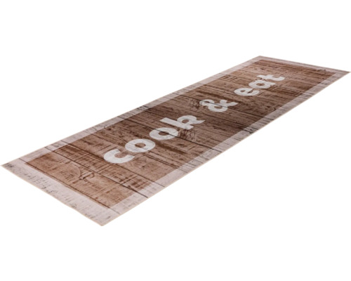 Covor de bucătărie dreptunghiular cu aspect de lemn și textul 'Cook & Eat'.
