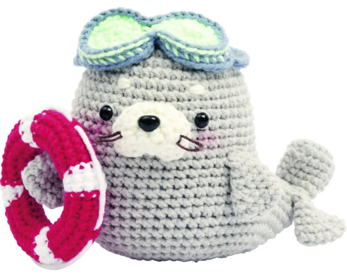 Set croșetat amigurumi Natto focă 13 cm Focă croșetată cu colac de salvare și ochelari, ca decorație