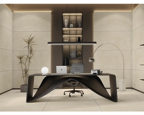 Birou modern cu birou, scaun și rafturi