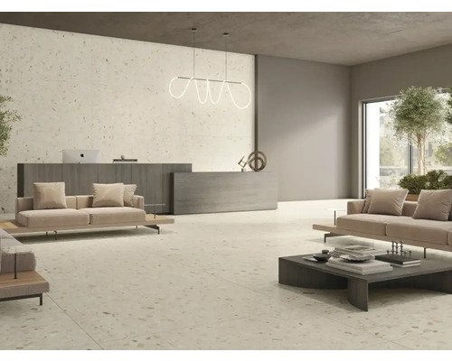 Cameră luminoasă cu podea de terrazzo, canapele și recepție