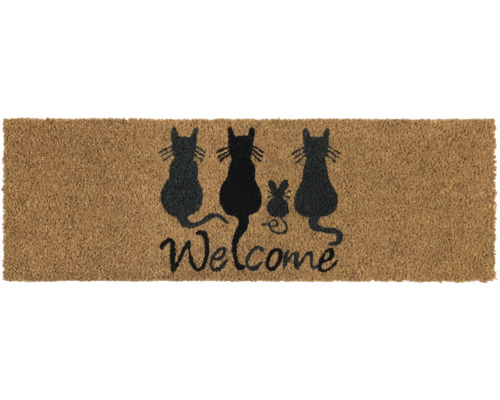 Covoraș intrare cocos Welcome Cats 25x75 cm Covor de ușă cu motiv de pisici și șoarece și inscripția Bun venit