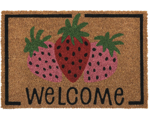 Covoraș de intrare cu motiv căpșuni și mesaj de bun venit