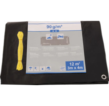 Prelată de acoperire neagră cu frânghie de fixare galbenă, 12 metri pătrați, 3 metri pe 4 metri