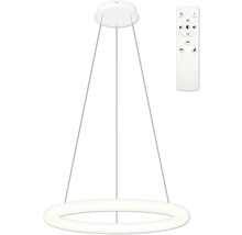 Lumină suspendată cu LED, în formă de inel, cu telecomandă pentru controlul intensității luminoase.