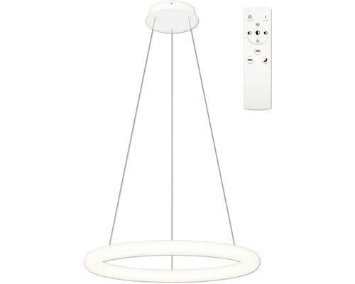 Lumină suspendată cu LED, în formă de inel, cu telecomandă pentru controlul intensității luminoase.