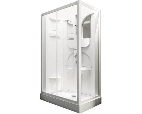 Cabină de duș completă Schulte Malta, 120x80x210 cm, sticlă securizată transparentă, profil alb Cabină de duș completă cu uși glisante, cap de duș și rafturi
