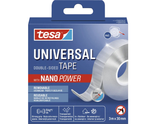 Bandă adezivă universală dublu adezivă Tesa cu Nano Power, 3 metri pe 30 milimetri