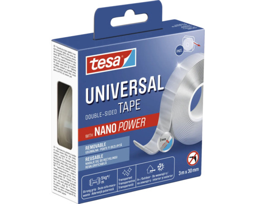 Bandă adezivă universală dublu adezivă Tesa cu nanotehnologie, reutilizabilă, detașabilă și transparentă, 3 metri pe 30 milimetri