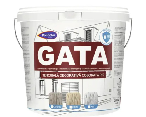 Tencuială decorativă colorată G.A.T.A. R15 cafeniu 25 kg Găleată cu tencuială decorativă colorată Gata R15