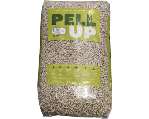 Peleţi din rășinoase PELL UP En Plus A1, 15 kg Sac de peleți din lemn cu o greutate de umplere de 15 kilograme