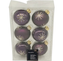 Șase globuri violet de Crăciun din sticlă cu model de stea în ambalaj