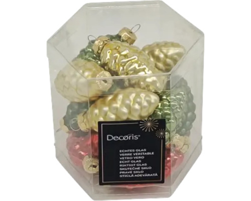 Decorațiuni de brad din sticlă în formă de conuri într-un ambalaj